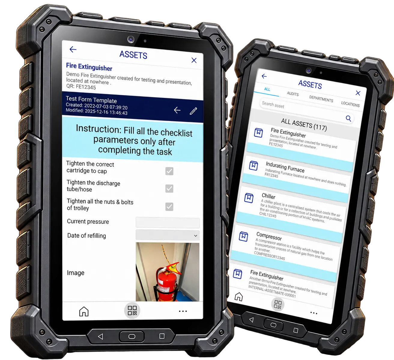 FactoryOS fire-safety information, learning and fire-extinguisher audits displayed in the app