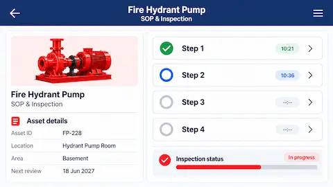 Technician using a tablet SOP and inspection workflow beside a fire hydrant pump