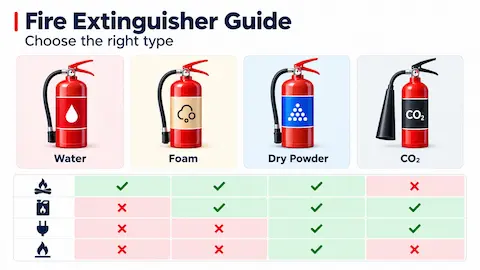 Fire extinguisher guide showing water, foam, dry powder and carbon dioxide extinguisher types