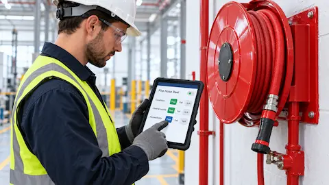 Worker inspecting a fire hose reel with a tablet checklist