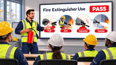 Illustration of a factory worker learning to operate a fire extinguisher