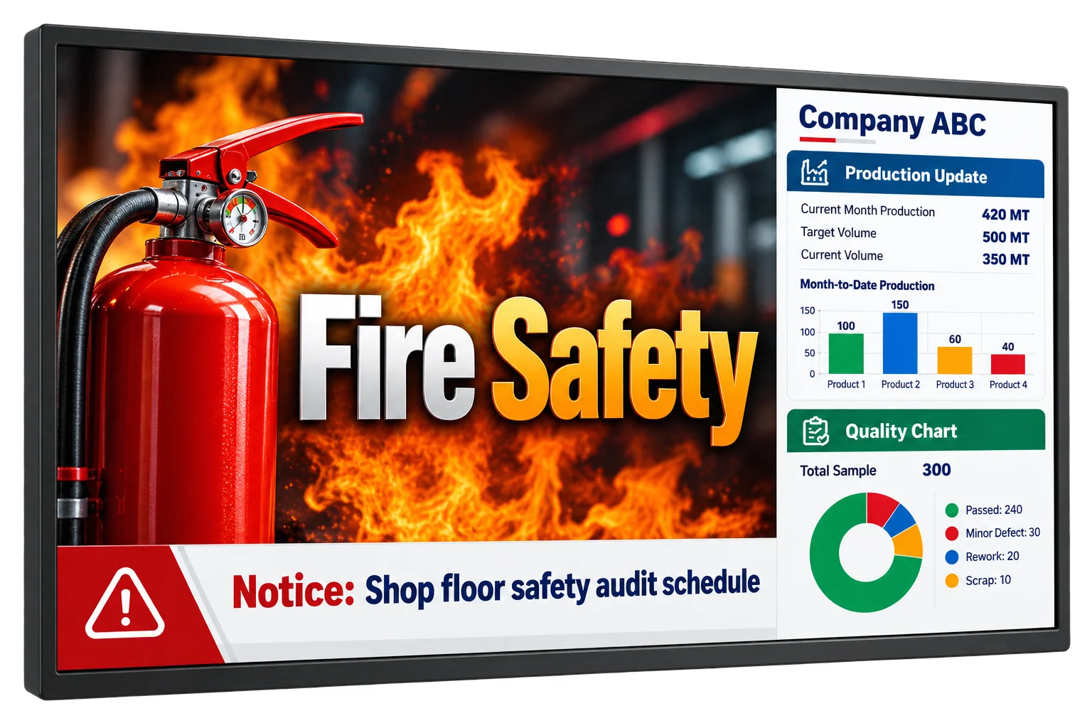 A multi-zone signage screen: a fire-safety video, a scrolling notice and a production and quality panel