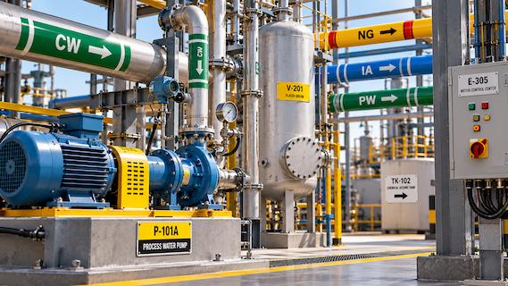 Pipe and equipment identification labels in a process area