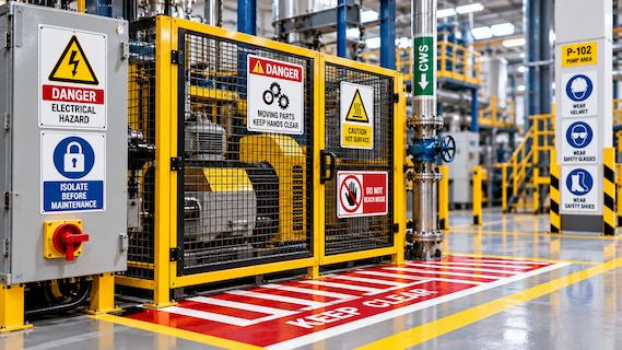 Hazard warning signage on a machine guard