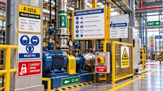 Process pump with operating procedure, PPE and lockout signage