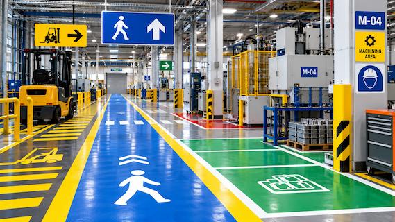 Overhead and floor wayfinding signage guiding pedestrian and forklift routes