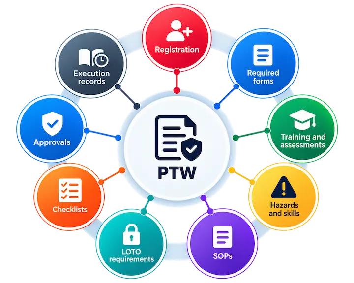 PTW at the centre of nine connected elements: registration, required forms, training and assessments, hazards and skills, SOPs, LOTO requirements, checklists, approvals and execution records